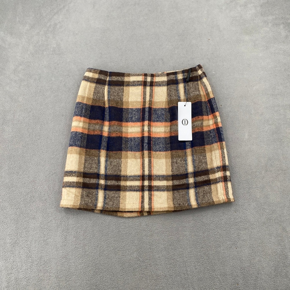 InTheStyle Tan Blue Orange Plaid Mini Skirt A-Line Tartan Side Zip Womens Small
